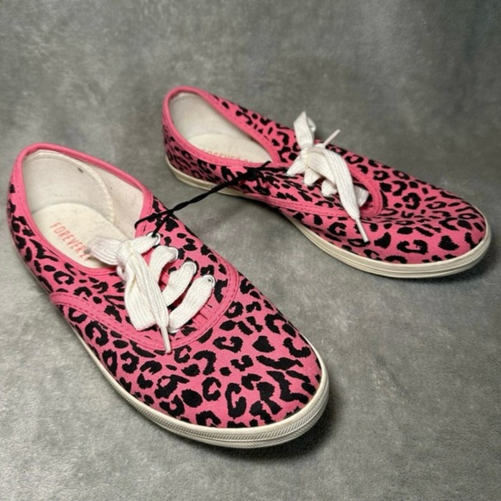 NWT Forever 21 Leopard Print Sneaker Women Sz 7 Pink Canvas Low Top Lace Up Shoe - Picture 7 of 11